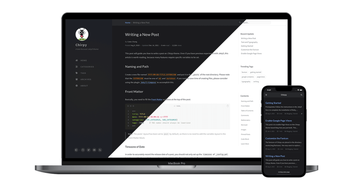 Chirpy 主题在多个设备上的响应式渲染。